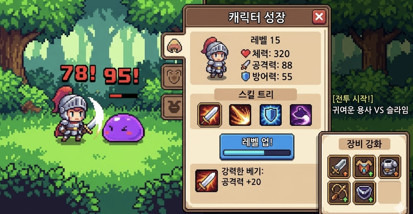 미송자의 노래 도트 방치형 RPG 플레이 화면과 성장 시스템