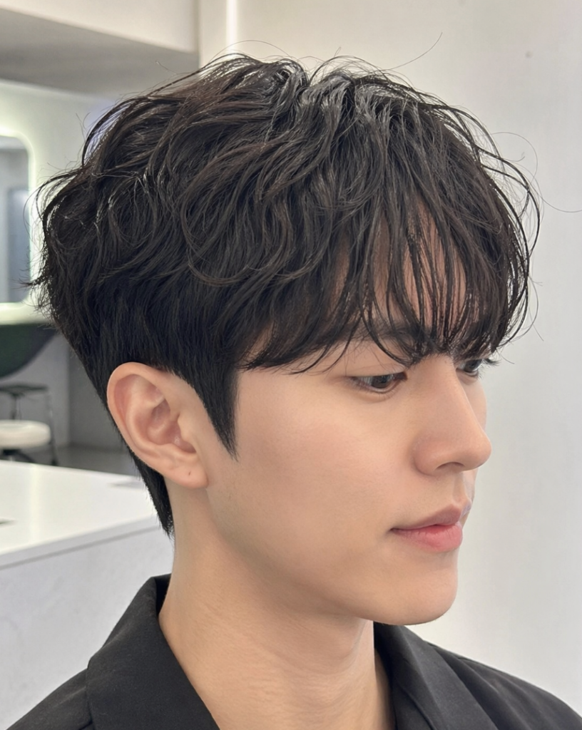 시스루펌과 시스루컷 남자 스타일의 앞머리 질감과 가벼운 비침이 보이는 자연스러운 헤어