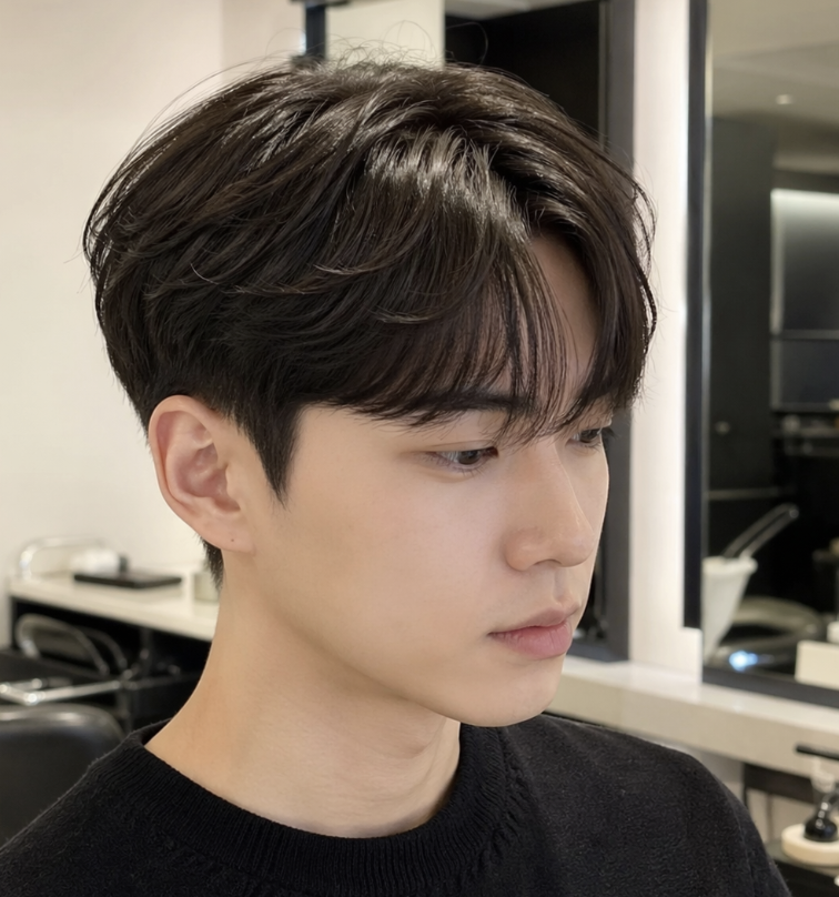 시스루컷 미용실에서 옆머리와 앞머리 균형을 함께 보는 남자 헤어스타일