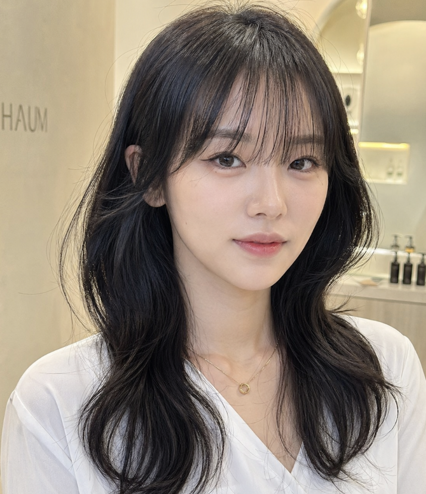 여자 시스루뱅 앞머리의 가벼운 숱과 자연스러운 이마 비침